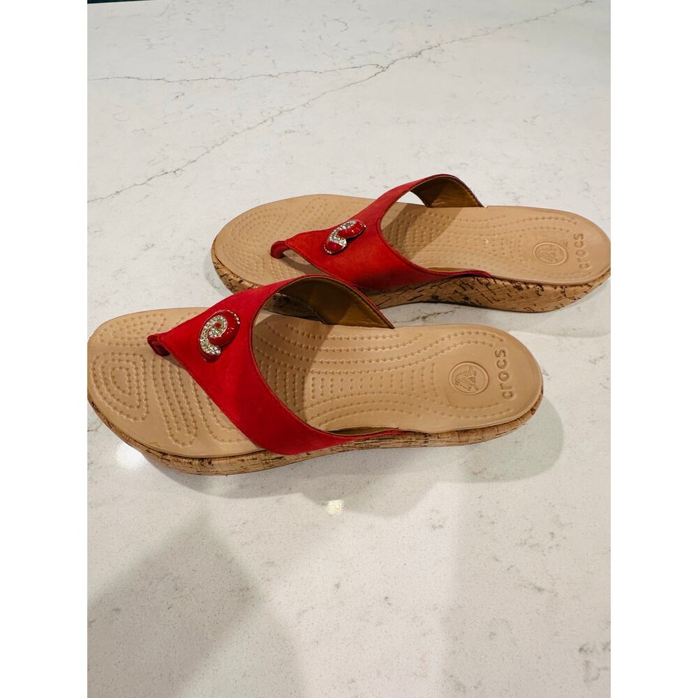 Crocs A Leigh Thong Sandal Cork Wedge Rhinestone Embellishment Red 8 - Picture 7 of 7